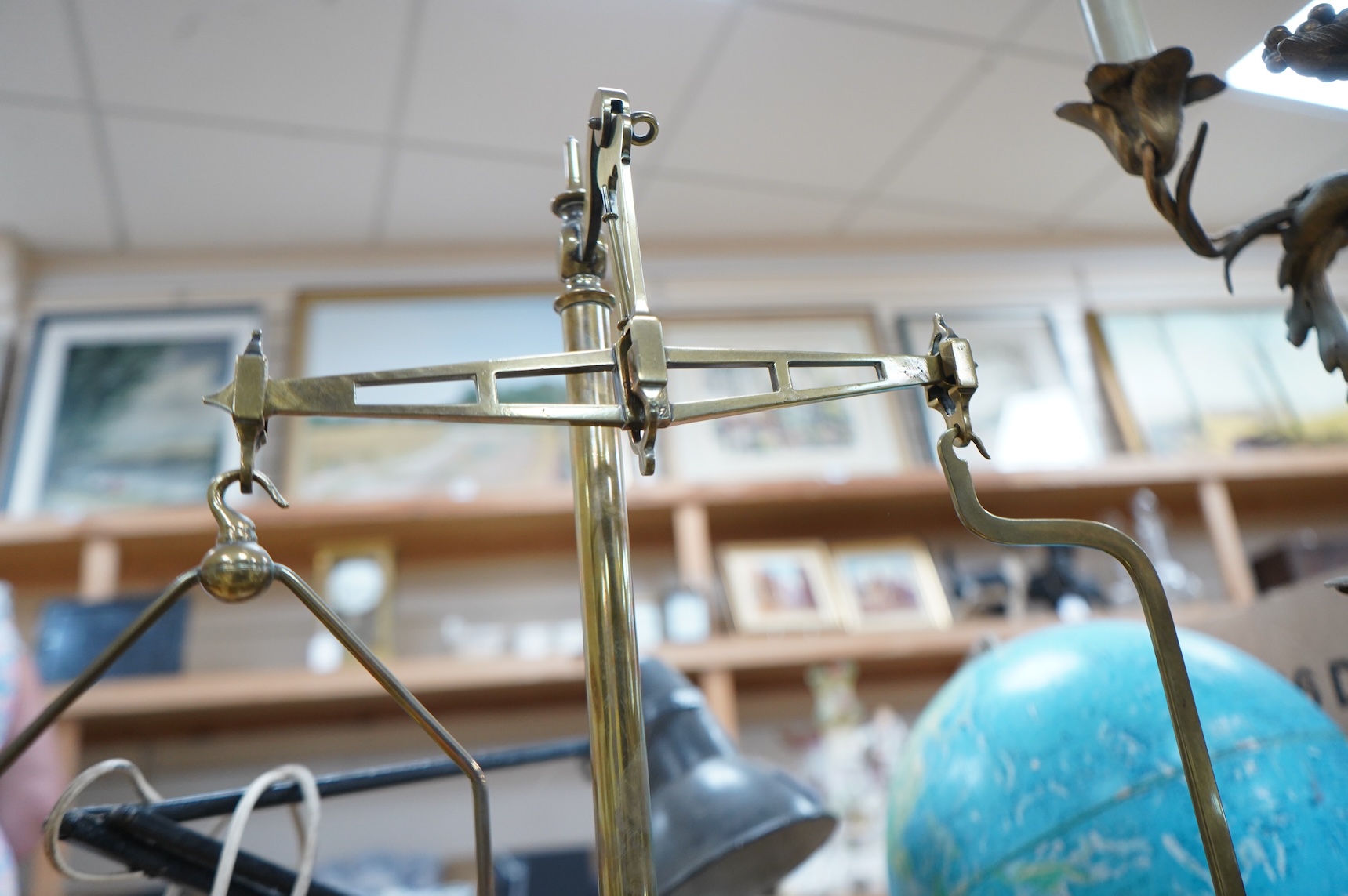 A set of 19th century brass and oak apothecary scales, 43cm